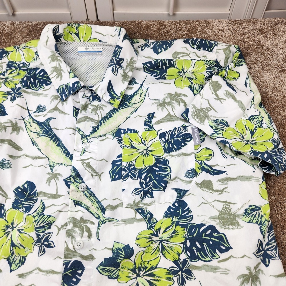 Columbia PFG Men Medium Marlin Tropical Fish Vented Fishing Shirt White Green